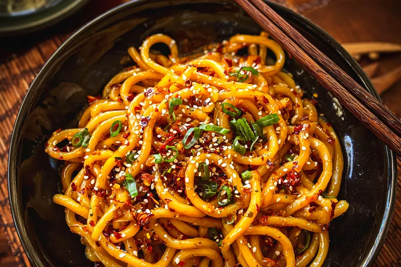 A colorful array of ingredients for Spicy Garlic Chili Noodles Delight, including vegetables and sauces.