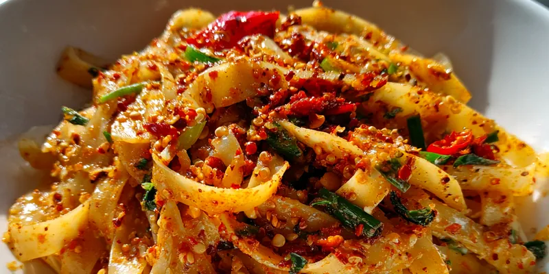 A vibrant bowl of Spicy Garlic Noodles Delight garnished with fresh herbs, served in an elegant bowl.