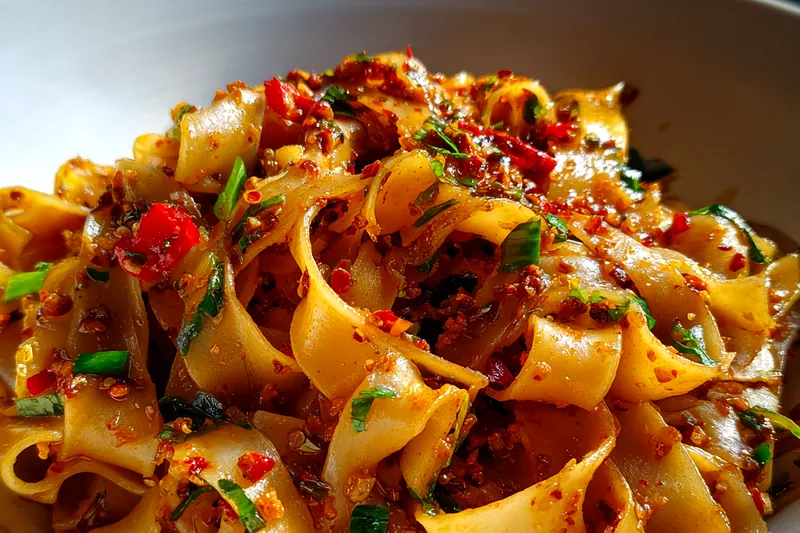 A vibrant display of fresh ingredients including noodles, garlic, and herbs for Spicy Garlic Noodles Delight.