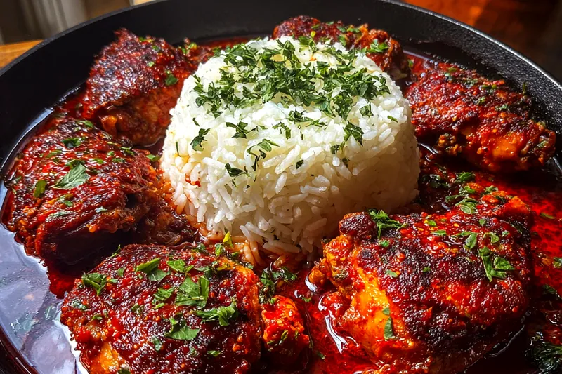 Fresh chicken thighs, onions, garlic, tomato paste, spices, and fresh parsley arranged on a wooden board