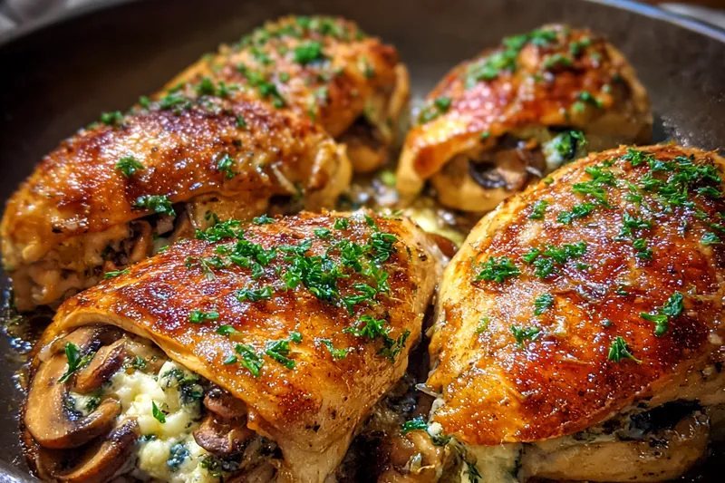 Close up of stuffed chicken breasts sizzling in butter and oil, showing the golden sear and melted cheese peaking out
