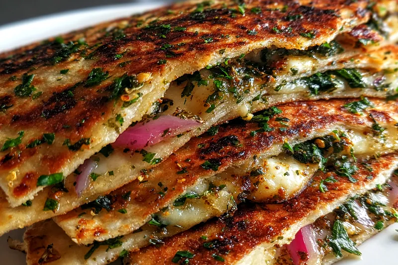 Cooking process of Spinach Feta Quesadillas Delight, showcasing crispy golden tortillas.