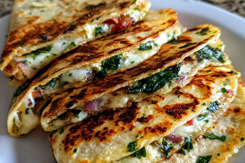 Fresh ingredients laid out for Spinach Feta Quesadillas Delight, including spinach, feta cheese, and tortillas.
