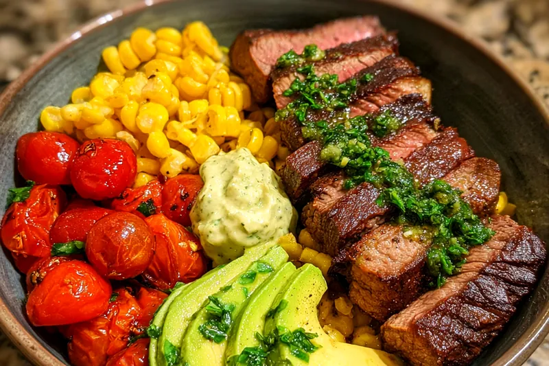 Chef searing steak in a pan for the Steak and Avocado Bowl.