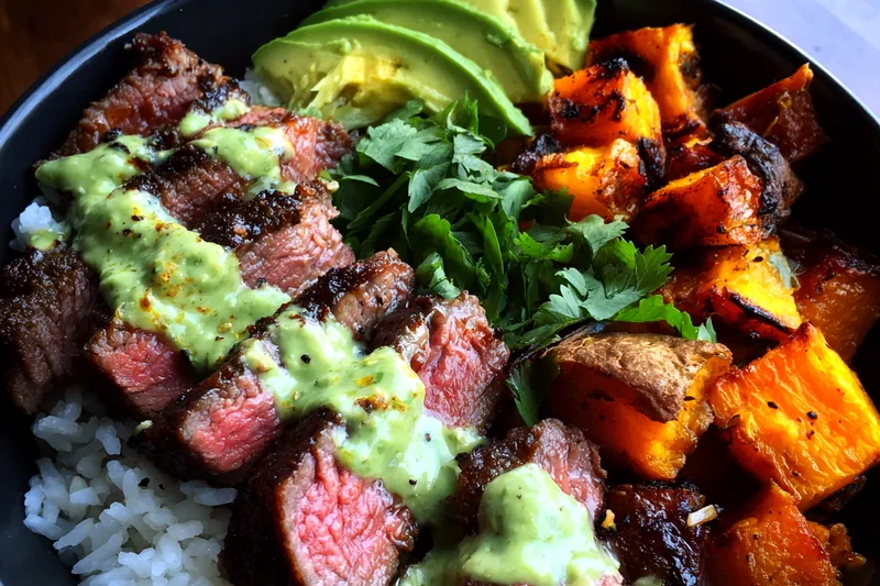 Fresh ingredients for Steak and Sweet Potato Bowls