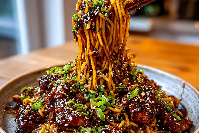 Raw ingredients including chicken thighs, garlic cloves, soy sauce bottle, ramen noodles, and green onions on a counter