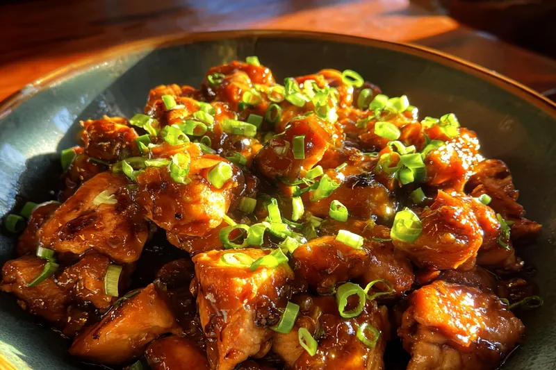 Chicken pieces sizzling in a skillet with glossy honey garlic sauce coating them, sauce bubbling and thickening, chopsticks visible stirring the pan