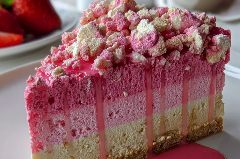 Strawberry ombré cheesecake layers being poured into springform pan on marble counter, showing the gradient batter portions from white to deep pink