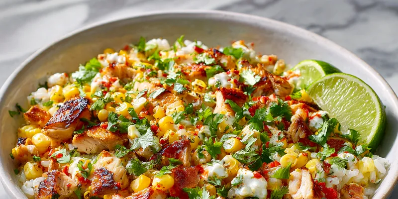 A vibrant street corn chicken rice bowl with lime and cilantro
