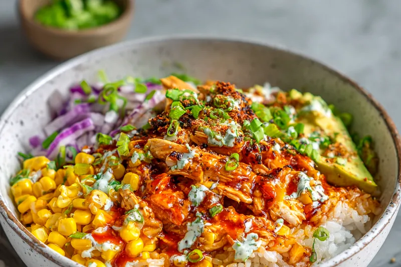Vibrant ingredients for street corn chicken rice bowl