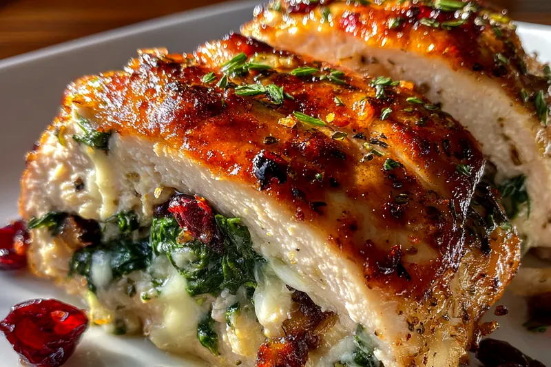 A chef's hands expertly cooking Stuffed Chicken with Brie and Cranberries in a skillet.