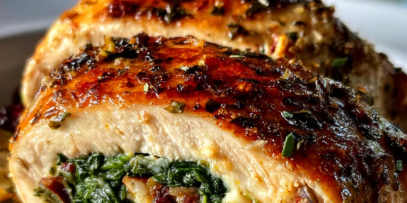 A beautifully presented plate of Stuffed Chicken with Brie and Cranberries, garnished with parsley.