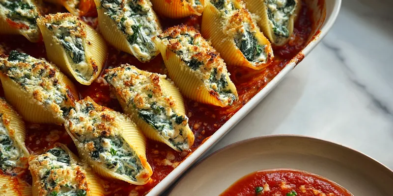 Delicious Delicious Spinach Stuffed Shells served on a plate