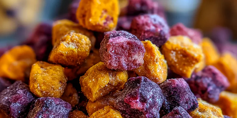 Main photo showing golden-brown Nutritious Sweet Potato Chews arranged on a plate with a sprinkle of cinnamon.