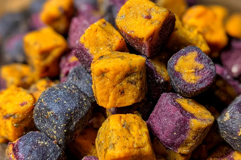 An assortment of ingredients for Nutritious Sweet Potato Chews laid out on a wooden table.