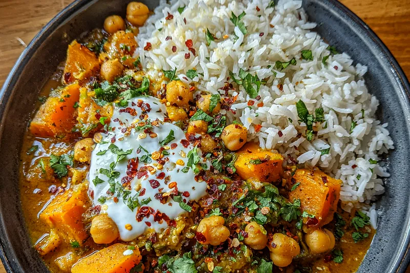 The cooking process of Creamy Sweet Potato Curry in a skillet with vibrant colors and rich textures.