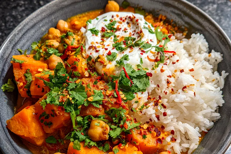 A colorful display of ingredients for Creamy Sweet Potato Curry including sweet potatoes, coconut milk, and spices.