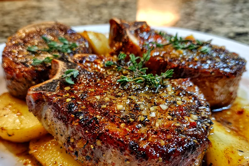 Chef Mitchell searing pork chops in a skillet with sliced apples and cider simmering in the background.