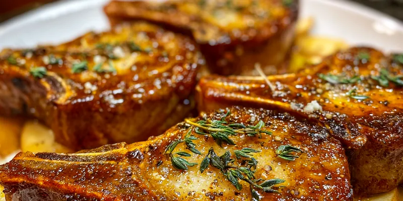 A beautifully plated dish of Sweet and Savory Apple Pork Chops garnished with fresh thyme and served with a side of vegetables.