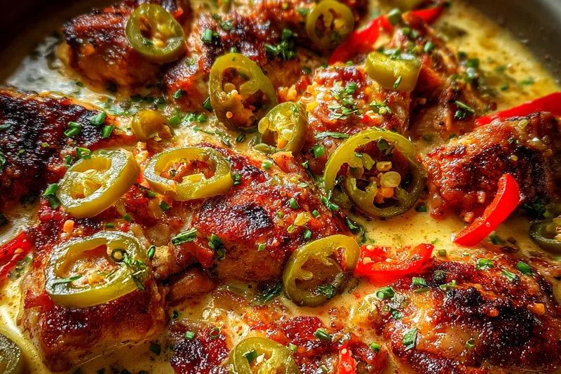 Cooking process for Tangy Pepperoncini Chicken Skillet
