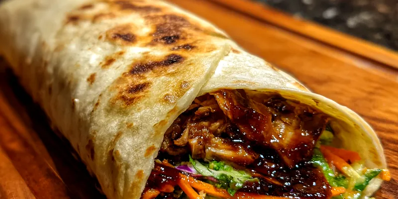 A beautifully plated Savory Teriyaki Chicken Wrap with fresh vegetables on a wooden board.