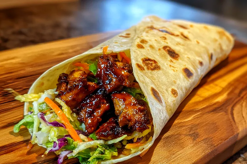 Fresh ingredients for Savory Teriyaki Chicken Wraps including chicken, vegetables, and tortillas arranged artistically.