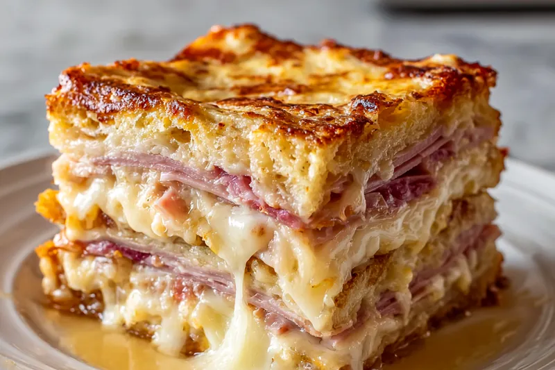 A golden brown Monte Cristo breakfast bake in a casserole dish, fresh out of the oven