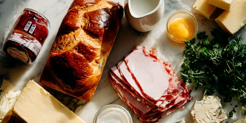 A tall, golden-brown Monte Cristo breakfast bake garnished with parsley and drizzled with syrup on a white plate