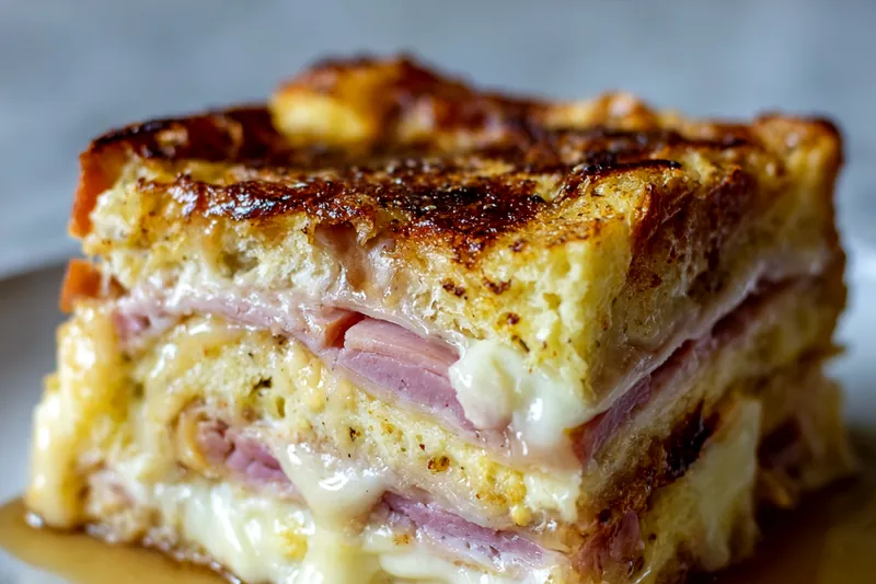 Raw ingredients for the Monte Cristo bake including brioche bread, ham, cheese, eggs, milk, and Dijon mustard on a marble surface