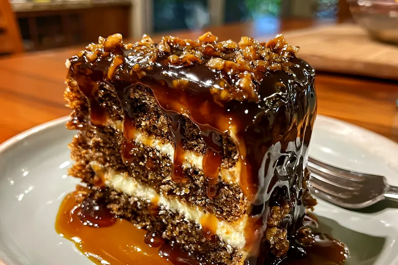 Pouring hot toffee sauce over the assembled layer cake, showing the glossy drip down the sides