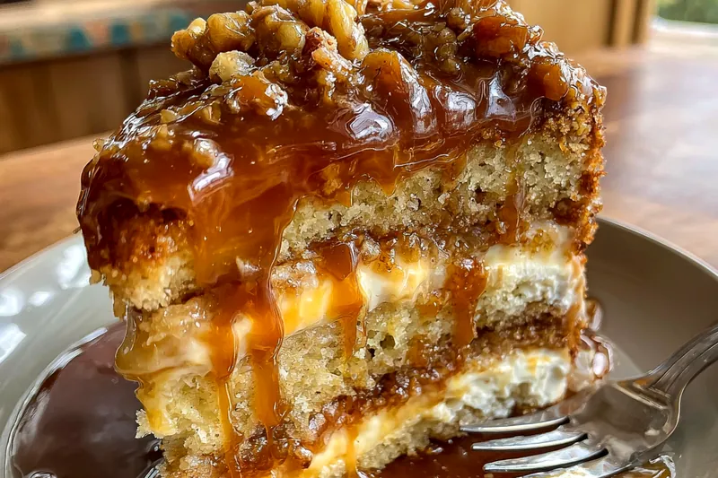 Baking ingredients including dates, brown sugar, butter, cream cheese, and walnuts arranged on a marble counter