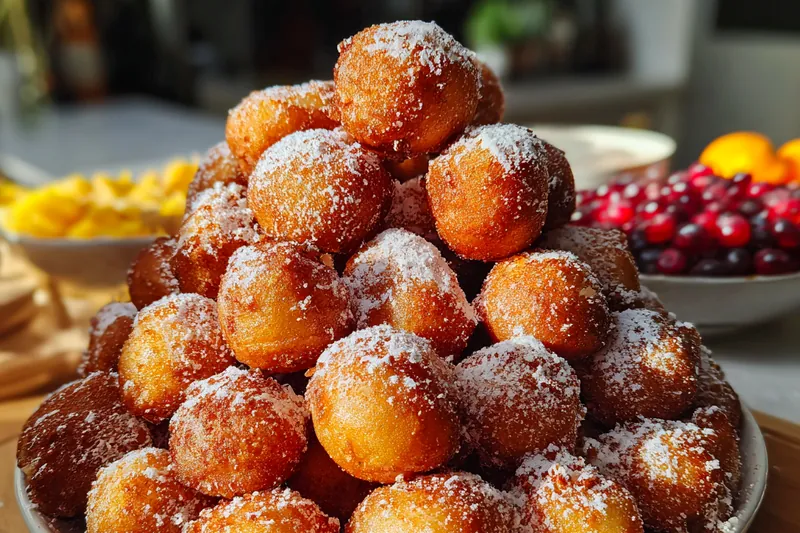 Golden brown Oliebollen frying in hot oil in a dutch oven