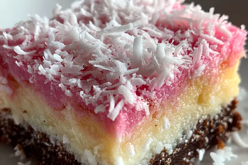 Overhead view of pink coconut mixture being pressed over white layer in a square pan