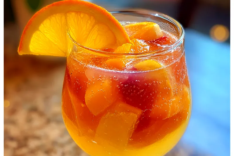 A chef stirring Tropical Amaretto Island Punch in a large bowl.