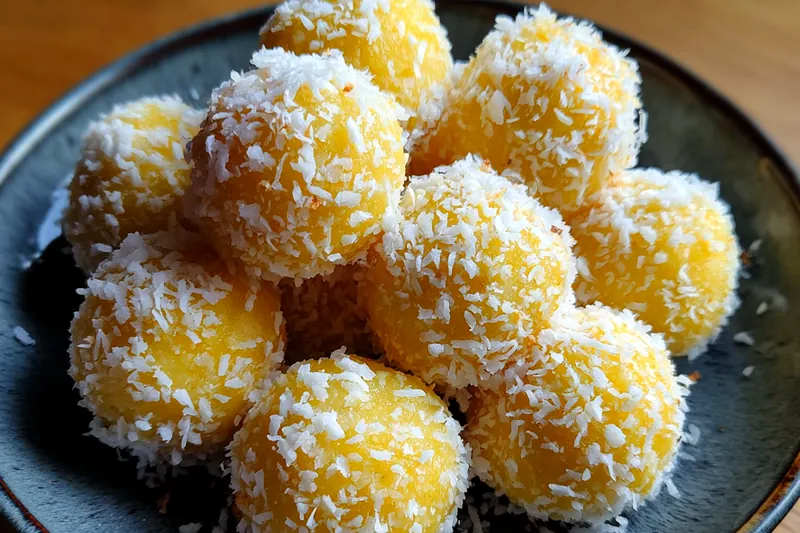 An array of ingredients for Tropical Pineapple Coconut Treats displayed in bowls including pineapple, coconut, and flour.