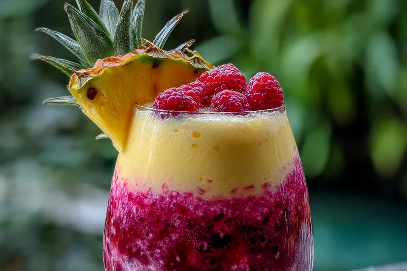 A blender jar filled with bright yellow pineapple smoothie mixture, with a glass half-filled with purple smoothie in the background