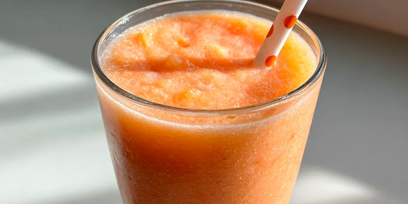 A beautifully arranged Tropical Sunrise Sunset Smoothie in a glass with vibrant colors and tropical fruit garnishes.