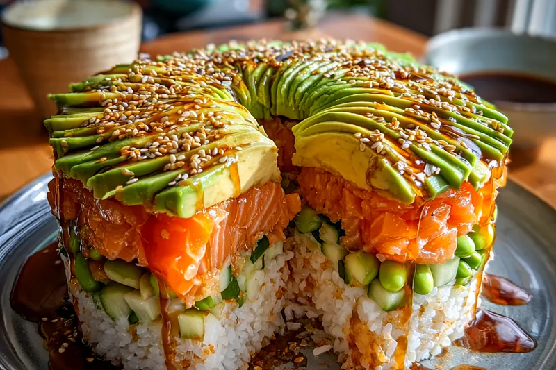 Process of layering sushi cake showing pressed rice base, arranged cucumber and salmon layers, with hands pressing ingredients firmly in springform pan