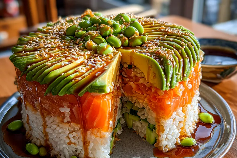 Overhead view of sushi cake ingredients including cooked sushi rice, fresh salmon slices, ripe avocados, edamame, cucumber, nori sheets, and seasonings arranged on marble counter