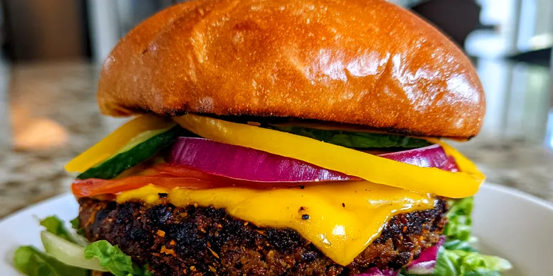 A mouthwatering black bean burger served on a rustic wooden table, garnished with fresh lettuce and sauces.