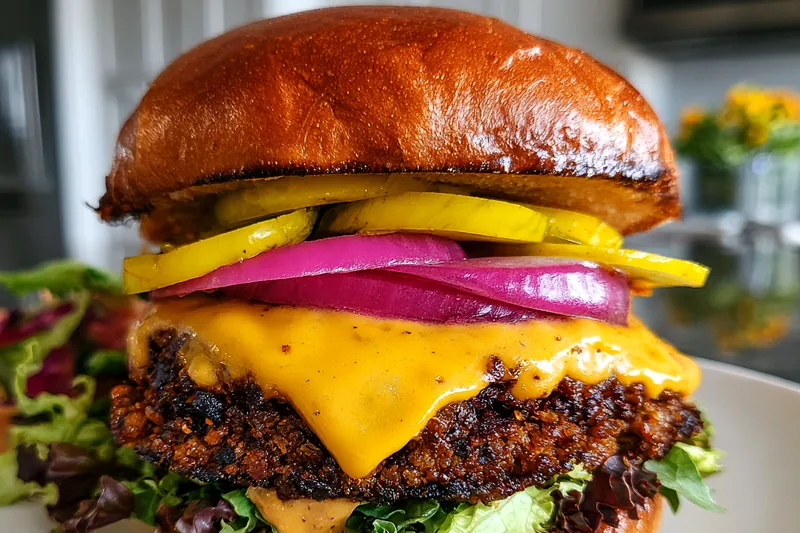 A colorful array of fresh ingredients for making Ultimate Black Bean Burger Delight, including black beans, corn, herbs, and spices.