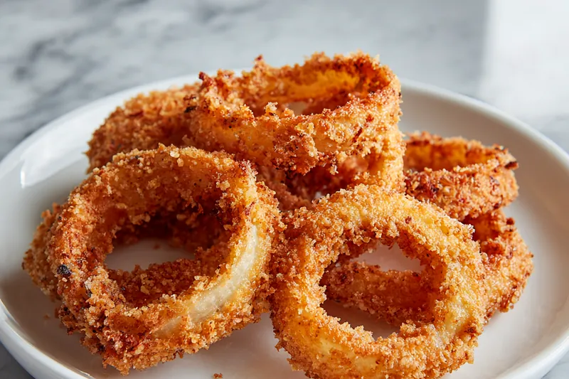 Onion rings frying in hot oil, bubbling vigorously, turning golden brown