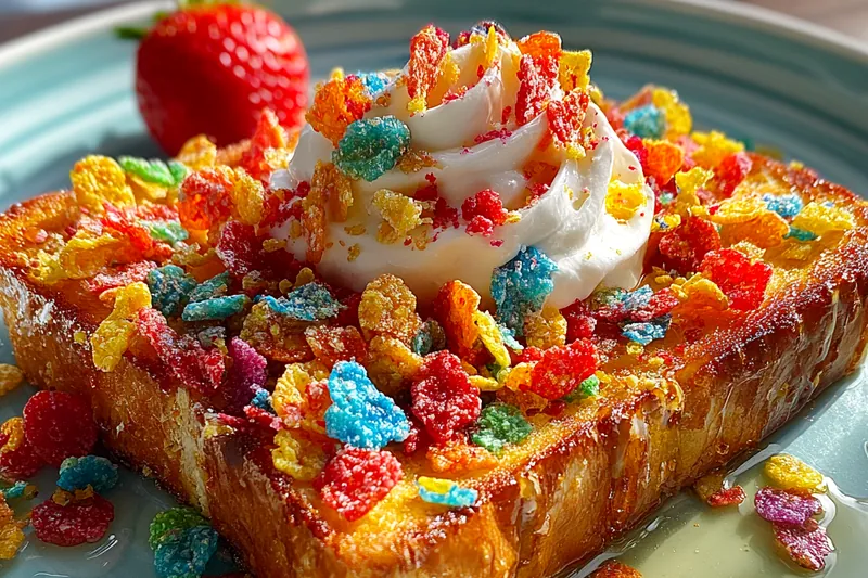 French toast slices sizzling in a pan with butter, showing the colorful cereal crust turning golden