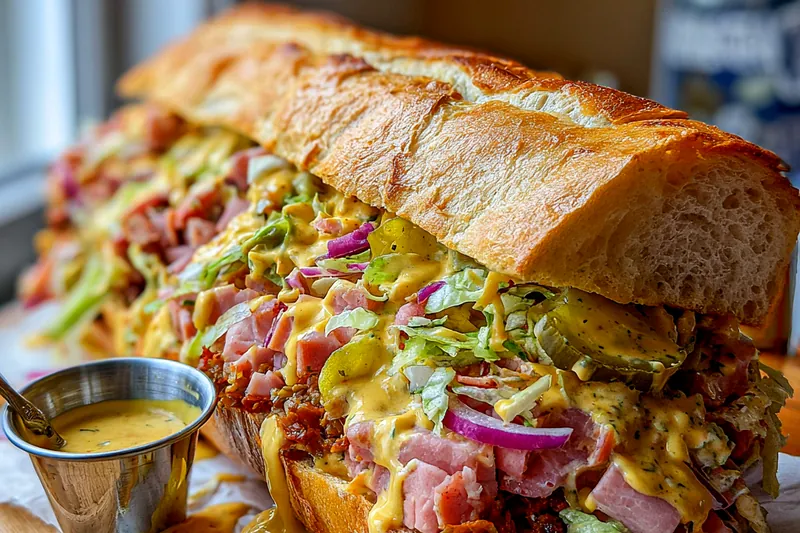 Fresh baguette, block of ham, lettuce, onions, pickles, and sauce ingredients arranged on a wooden table