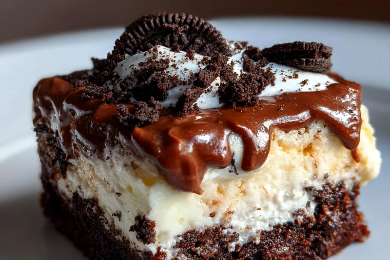 Ingredients for Oreo bars: box of brownie mix, block of cream cheese, bowl of whipped topping, chocolate chips, heavy cream, and Oreo cookies