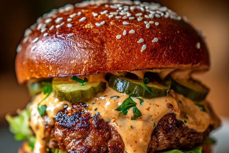 Beef patty sizzling in a skillet with melting cheese on top