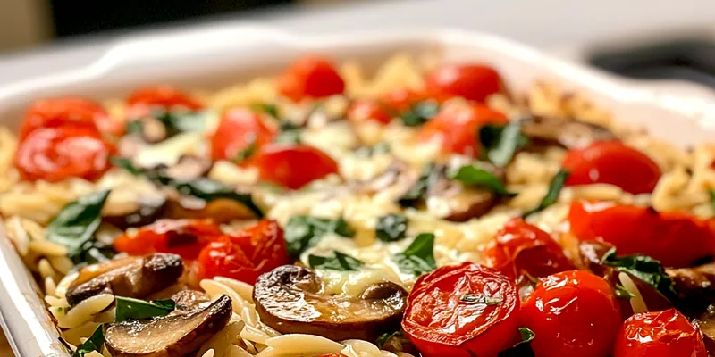 A beautifully plated Creamy Vegetable Ricotta Orzo with fresh vegetables and a sprinkle of Parmesan cheese.