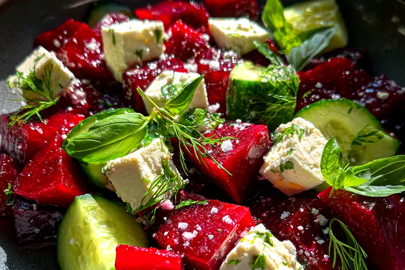 Fresh ingredients for Vibrant Beet Feta Salad