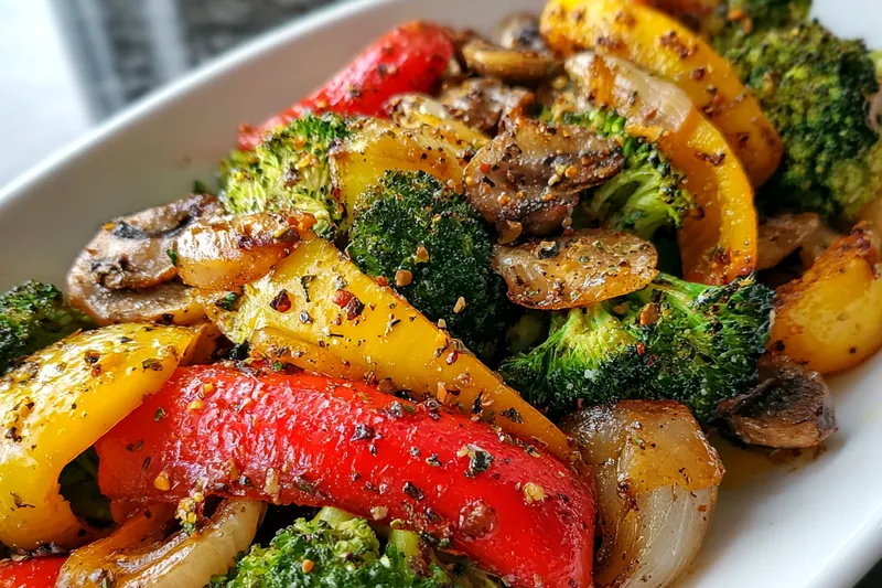 A pan sizzling with vibrant vegetables during the sautéing process, capturing the cooking action of Vibrant Sautéed Vegetable Medley.