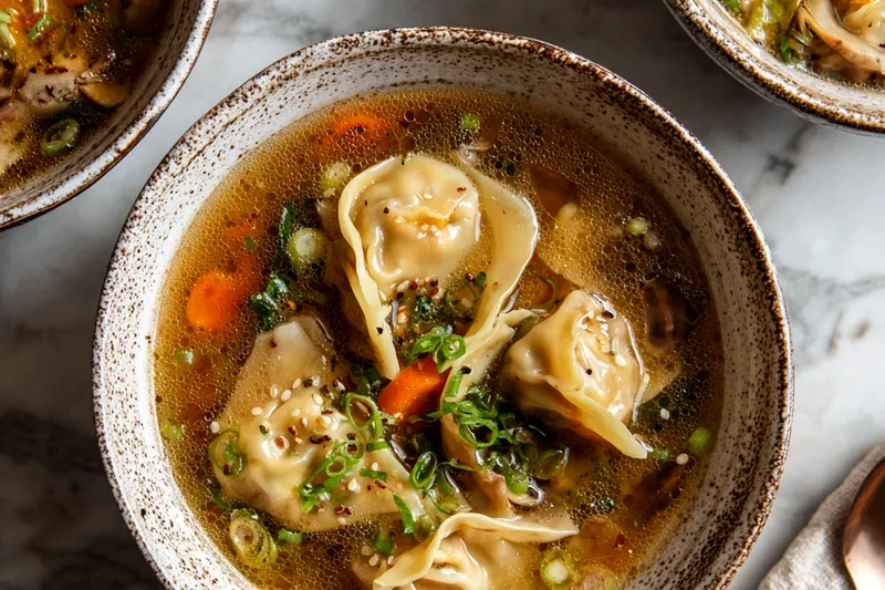 Cooking Viscous Potsticker Soup in a pot, simmering beautifully
